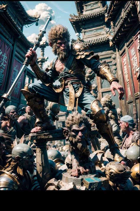 ((1man)),anthropomorphic male monkey man with golden hoop stick in his hand, bo staff, sun wukong, wukong, fighting buddha, norm...