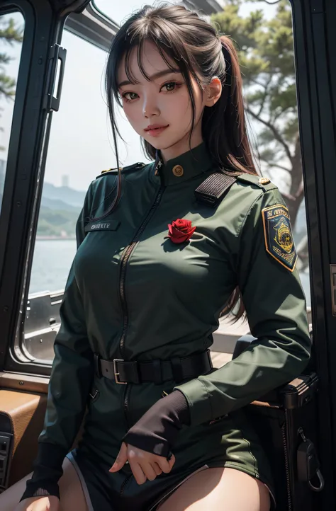 best qualtiy，tmasterpiece，超A high resolution，（真实感：1.4），RAW photogr，1girll，（（Wearing a SWAT uniform：1.8）），in the darkness nigth，deep shading，low tune，cold light，Square face with charming eyes，A sweet smile，parks，lakes，the woods，（（Rose flower：1.5，）），A high r...