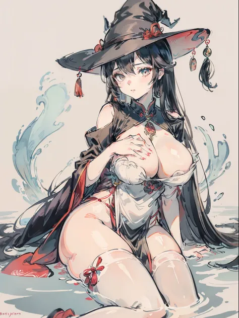 Witch with a hat on her head，A witch with dragon horns on her head, Guviz, seductive anime girls, Guweiz in Pixiv ArtStation, black-haired mage, Guweiz on ArtStation Pixiv, trending on artstation pixiv, zerochan art, author：Shitao, with straw hat, flirty a...