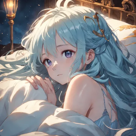 Long light blue hair，Deep golden pupils，Silk dress，A sweet girl, sleep well on a flufy comfortable bed, ((photo from her sleep)) ((face focus photo))