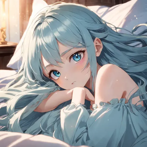 Long light blue hair，Deep golden pupils，Silk dress，A sweet girl, sleep well on a flufy comfortable bed, ((photo from her sleep)) ((face focus photo))