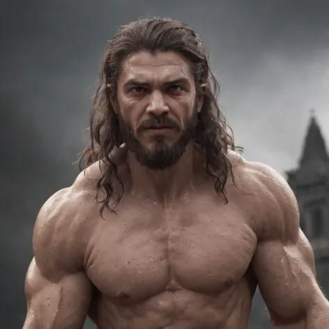 (Professional 3D rendering:1.3) de (Realistic:1.3) Foto de arte mais bonita do mundo，Features soft, bright male heroes, ((Epic hero fantasy rough muscular man wet hero angry look long hair short beard and fierce expression in dynamic pose, fantastic locati...