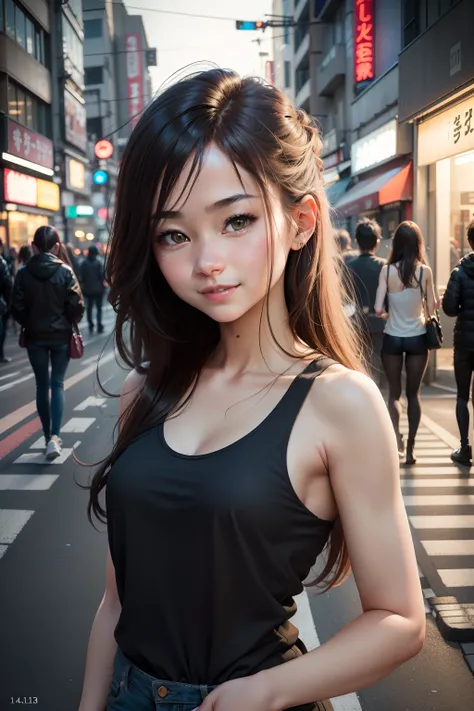 (Realistic: 1.4), (Detail Eyes: 1.3), (Realistic, Photo Real: 1.37), (Medium View: 1.5), (Half), 1 Girl, Best Quality, Ultra High Resolution, Tokyo Street, Tank Top, Long Hair, Waist, Smile, Slim, Night,