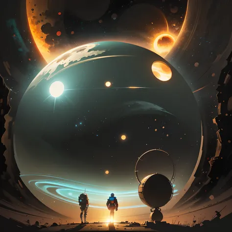 a man standing in front of a space portal with a view of the sun, cyril rolando and goro fujita, portal to another universe, ins...