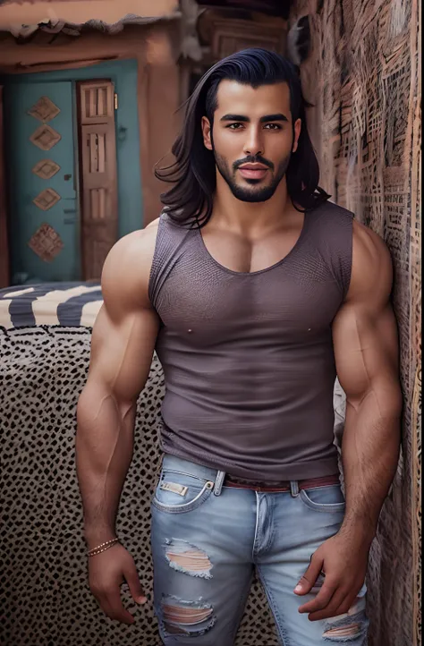 (portrait of moroccan guy), muscles, dimples, steamy, tearing off shirt, ripped holy jeans, sexy, alluring, gorgeous eyes, pubic...