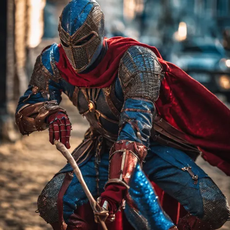 Marvel at the magical spider - the man who served as a medieval themed knight, Full set of red and blue glittering armor, Intricate details, Depicted in action poses, holds a spear, Medieval town in the background, Photorealistic, Dramatic lighting, Beauti...