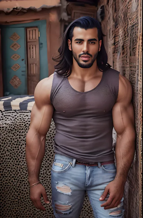 (Portrait of Moroccan guy), muscles, dimples, steamy, tearing off shirt, ripped holy jeans, sexy, alluring, gorgeous eyes, pubic hair, big bulge, rubbing crotch,