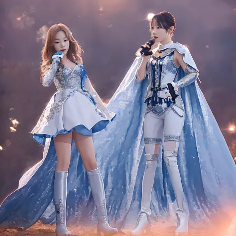 cg tae-yeon，wear an elaborate idol symbol uniform，white cape blue gloves boots+guitar idol girl，the whole body emits a mysteriou...