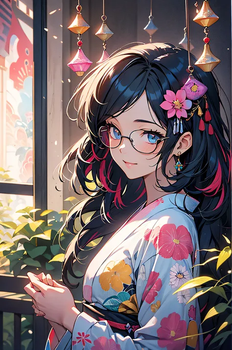 ((Yukata)),eye glass，innocent smiles，ancient city，veranda，wind chime，(1girl in, Solo:1.6),(Best Impact:1.5), (maximalism:1.7),Vivid contrast, (Realistic), hyperrealistic illustrations, hight resolution, ultra-detailliert, absurderes,(Fractal Art:1.3)、Rando...