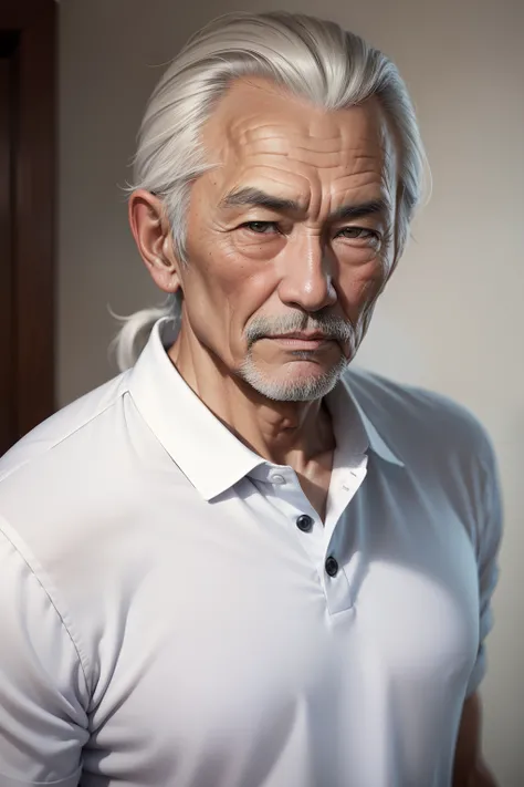 A half body,mongol、 Detailed portrait of a 70-year-old man, Gray hair, Wearing a white polo shirt, skinny、epicd (Photo, sony a7, 35 mm, Matte skin, pores, ultra-detailliert, Hyper-realistic),