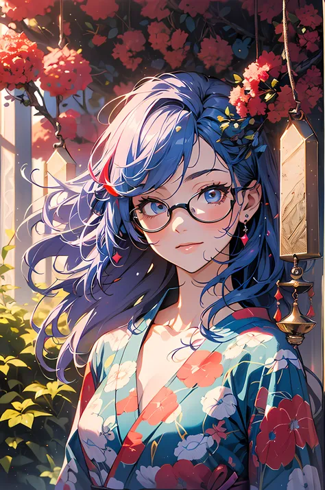 ((Yukata)),eye glass，innocent smiles，ancient city，veranda，wind chime，(1girl in, Solo:1.6),(Best Impact:1.5), (maximalism:1.7),Vivid contrast, (Realistic), hyperrealistic illustrations, hight resolution, ultra-detailliert, absurderes,(Fractal Art:1.3)、Rando...