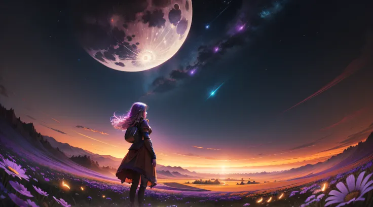 Vast landscape photo, (viewed from below, the sky is above and the open field is below), a girl standing on a flower field looking up, (full moon: 1.2), (meteor: 0.9), (nebula: 1.3), distant mountains , Trees BREAK Crafting Art, (Warm Light: 1.2), (Firefli...