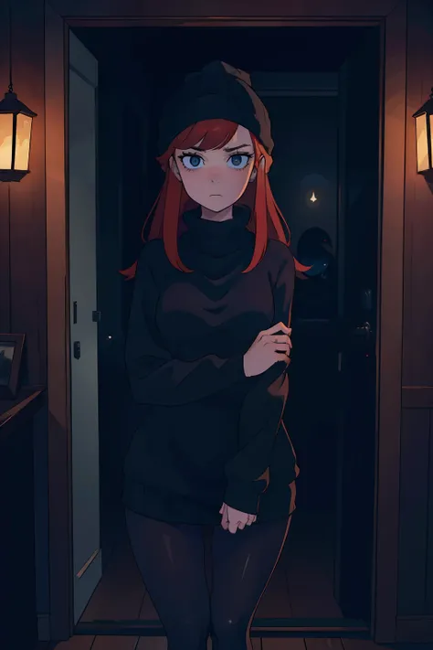 masterpiece, 4k, detailed, poster, dramatic framing, scary, dark lighting of a beautiful, slim redhead woman wearing a beanie, sweater, and tights opening a doorway carefully, nervously in a dark home, eyes in the dark, scary atmosphere, creative framing