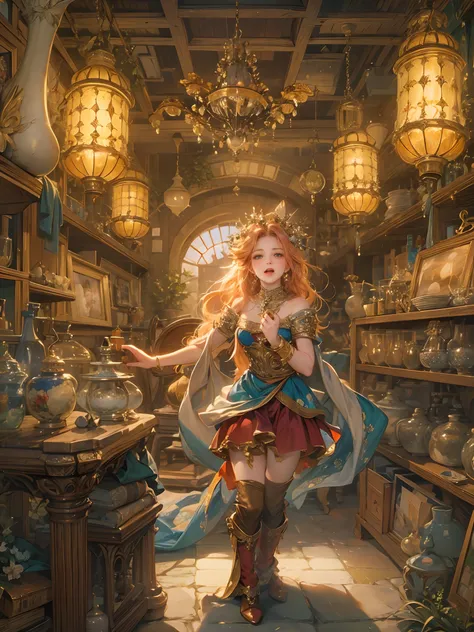 (absurdres, highres, ultra detailed, HDR), masterpiece, best quality, legend of mana character, detailed character, a siren singing inside a lamp shop