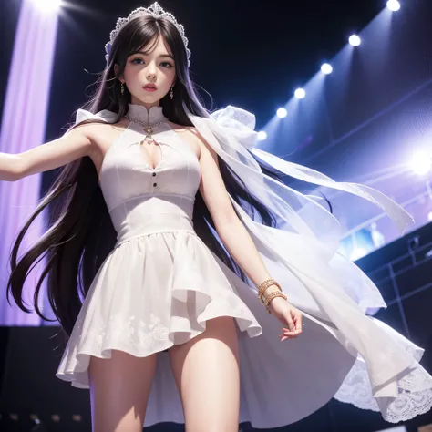 tmasterpiece，A high resolution，8K，CG animation，A woman stands on stage，In the introduction of goods