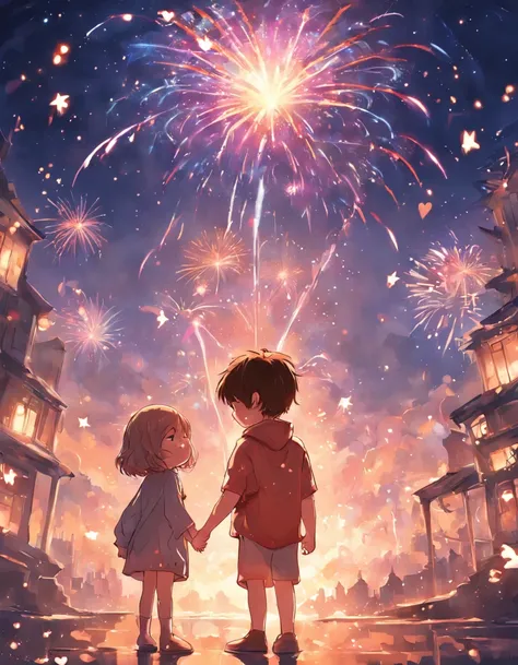 the night，Colorful，Fireworks all over the sky，Heart-shaped bubbles，Child couples，Cartoony，Chubby little girl and little boy hugging each other，Glowing fireflies around，，Cute and cute，KIDS ILLUSTRATION，Glow effects，Dingdall effect，depth of fields，high light...