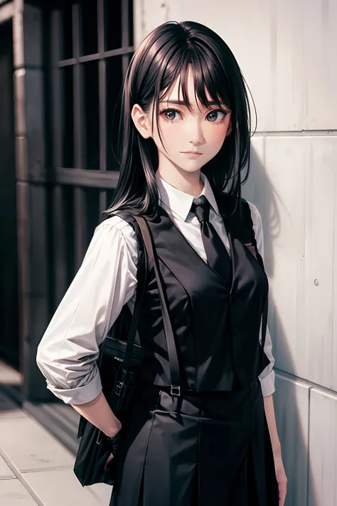 a black skirt, neck tie, vests　suspenders, long black hair, gray eyes, holster, leg-garter, , moderate breast, pichi pichi cloth...