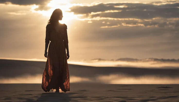 the setting sun，A desert，rays of sunshine，Clouds，Contre-Jour，Beautiful girl in long dress，8K high-definition，RAW format，The light and shadow are delicate，detail-rich，。