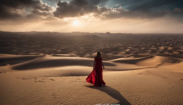 the setting sun，A desert，rays of sunshine，Clouds，Contre-Jour，Beautiful girl in long dress，8K high-definition，RAW format，The light and shadow are delicate，detail-rich，。