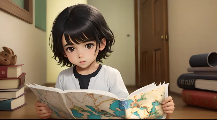 Imagem de Pedro, a black-haired child, encontrando um mapa