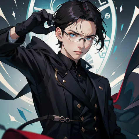 Cold hearted, black gloves, doctor, wearing glasses, disdainful, black hair, male