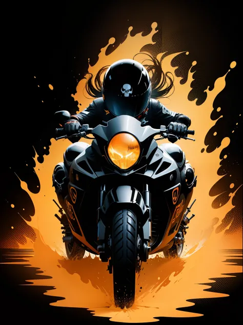 T-shirt design, black background, center art, 2d, vector, splash, skull riding motorcycle, vivid color splash