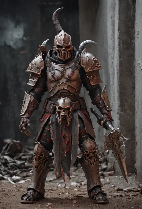 metal maden male chaos warrior of khorne in armor is holding a great sword in a ruined post-apocalyptic city, skulls mask, sci-fi, fantasy, horror, skulls on the ground, blood, Tornado, Roman, Empty chairs,Tangled roots,Key, Warped,Mangled,Ethereal, (Isola...