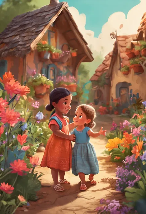 beautiful bringing out her hand to  hug a her little 3 years old beautiful girl wearing a garden cloth, hunt house, village, colorfull background, cartoon style, disney style