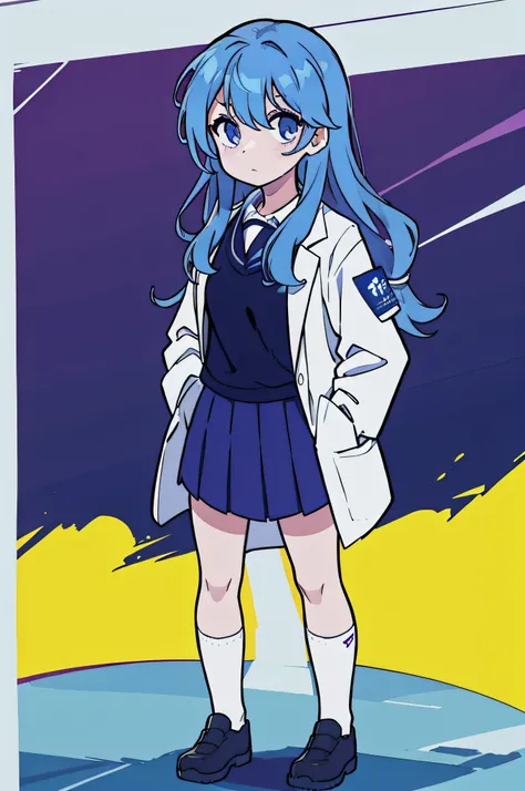 1 girl, look far away:1.4、full body, total body:1.4, standing, upright stance、top-quality、8k、​masterpiece、超A high resolution、Blue hair that grows to the shoulders、(hair wavy)、Put your hands in your pockets、Hakase(daily)、wearing lab coat、Fasten a light blue...