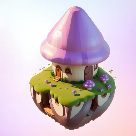 There is a purple mushroom hut with a pink roof and brown base，Stylized 3D rendering，Mushroom-shaped house in the background，Cute low poly 3D model。