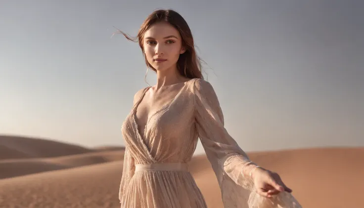 the setting sun，A desert，rays of sunshine，Clouds，Contre-Jour，Beautiful girl in long dress，8K high-definition，RAW format，The light and shadow are delicate，detail-rich，。