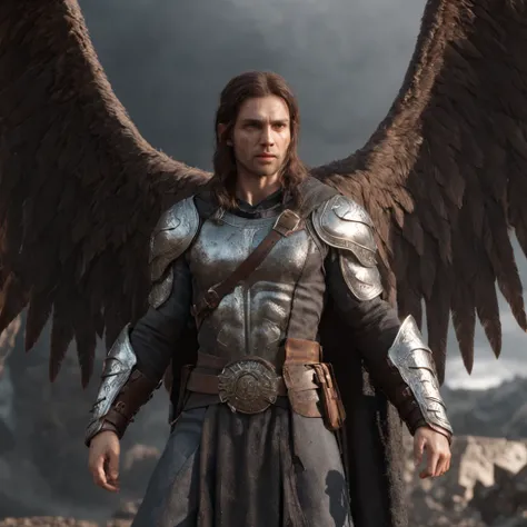 (professional 3d render:1.3) af (Realistic:1.3) most beautiful artwork photo in the world，Features soft and shiny male heroes, ((Epic hero archangel Michael with very large wings and his sword rough wet hero angry looking long hair short beard and ferociou...