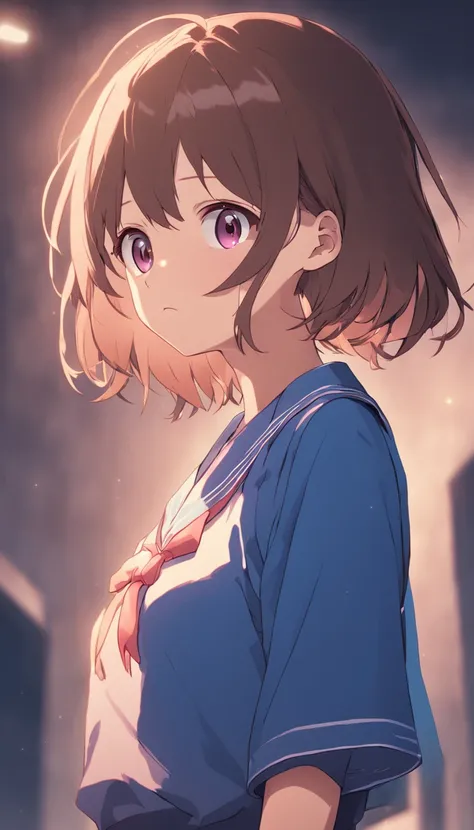 1girl in,Solo,Anime,Animation,Jingdong Animation Style,(Lianggong_haruhi),16 years old,Brown eyes, Medium Hair, serafuku, blue sailor collar, Blue skirt,Standing,(arms folded),(Literature Club　Room),anguish,Troubled eyebrows,Looking away,masutepiece,Best Q...