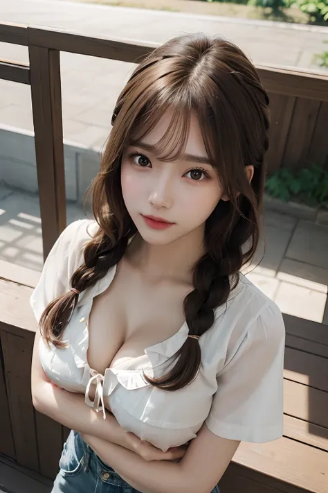 (From  above:1.4)、((1girl in)),Light Brown Fringe Hair、Braided hair、disheveled hair、Light brown eyes、(dignified expression)、((Casual summer clothes))、(爆乳:1.4)、Emphasize the valley、fittingroom、(Photorealsitic)、(intricate detailes:1.2)、(​masterpiece、:1.3)、(t...