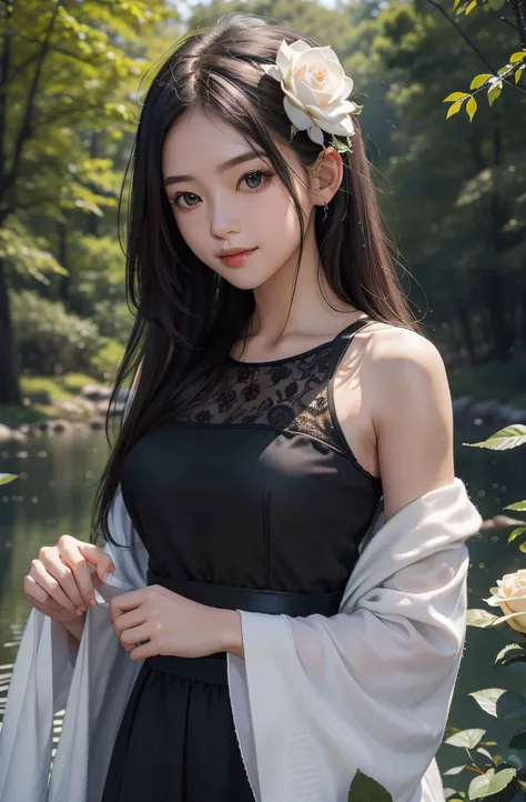 best qualtiy，tmasterpiece，超A high resolution，（真实感：1.4），RAW photogr，1girll，cropped shoulders，in the darkness nigth，deep shading，low tune，cold light，Square face with charming eyes，A sweet smile，Dressed in black lace，parks，lakes，the woods，Rose flower：1.5，A hi...