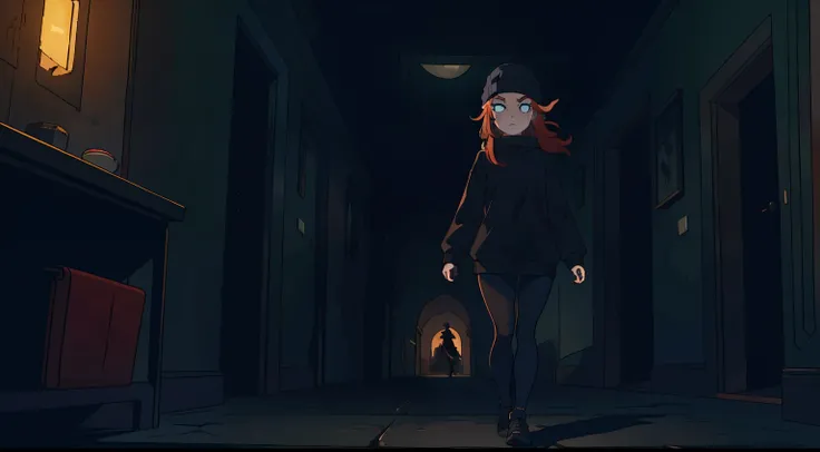 masterpiece, 4k, detailed, movie poster, dramatic framing, scary, of a beautiful, slim redhead woman wearing a beanie, sweater, and tights scared in a creepy hallway, that is dark, scary atmosphere, creative framing