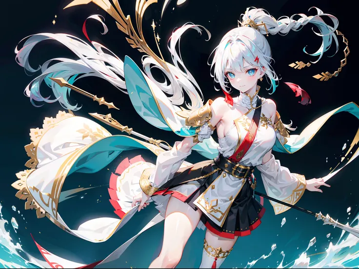 Beautiful girl with white hair，High ponytail，Soaring braids，short detailed hair，Wears a black hairpin，A red cord is tied to the hairpin，Wear cyan and gold metal ornaments next to the ears，Purple pupils，Wearing black underwear，Wear a long cyan cloak，Cyan ar...