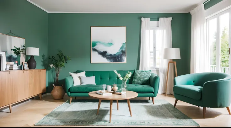 A chic Scandinavian living room with a round wooden dining table surrounded by mint color chairs, creating a harmonious blend of modern and mid-century design elements. A cozy sofa and a stylish cabinet complement the scene, all set against a refreshing gr...