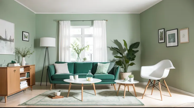 A chic Scandinavian living room with a round wooden dining table surrounded by mint color chairs, creating a harmonious blend of modern and mid-century design elements. A cozy sofa and a stylish cabinet complement the scene, all set against a refreshing gr...