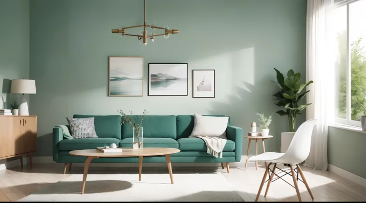 A chic Scandinavian living room with a round wooden dining table surrounded by mint color chairs, creating a harmonious blend of modern and mid-century design elements. A cozy sofa and a stylish cabinet complement the scene, all set against a refreshing gr...