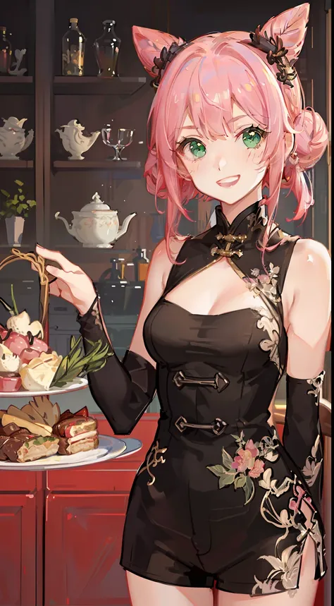 young girl, Pink hair in a bun, Green eyes, Chinese sleeveless dress, Shorts, A tray of food, cheerful grin, Open mouth, Masterpiece, high qulity