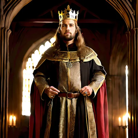 Arafed man in a crown and robe standing in a palace, Velho Rei Medieval, king richard the lionheart, Majestade em roupas nobres, Retrato de um velho rei medieval, Retrato do velho rei medieval, usando uma coroa e capa, usando uma capa de rei, homem com cor...