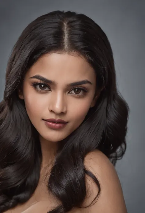 panoramic long shot of a beautiful south asian girl, dynamic pose, old classic , wavy black hair, 50s pin up style, intricate, detailed, DSLR camera , 8K UHD, deep blacks, post processing, nubian nose, protruding teeth