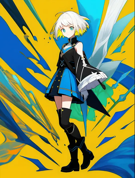 with short white hair，Two-dimensional girl，Heteropupil（One yellow，One blue），Leaky shoulder mount，adolable，Wear black boots