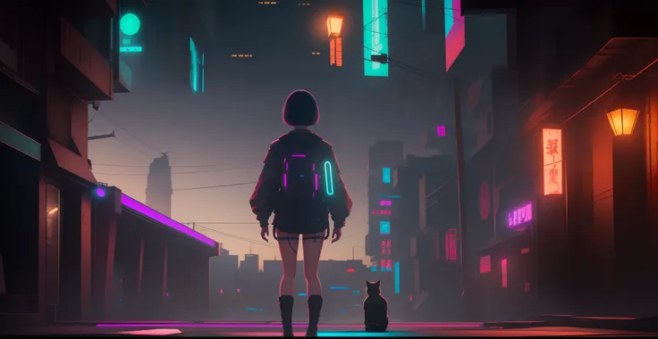 Super Resolution, (Realistic: 1.3) 1 Girl, Cyberhan, Cyberpunk City, Night, Neon, Lantern, Solo, Delicate Face, Delicate Eyes, Short Hair, Cat, Full Body, Back, Back to the Audience