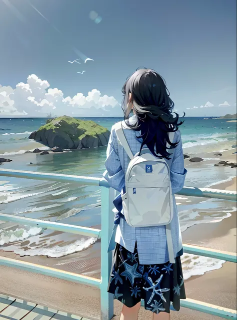 back shadow、look at the sea、backpacks、black hair is slightly curly、blue-sky、the sea、baiyun