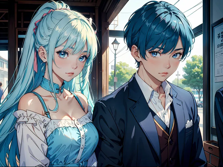 A pretty girl with light blue hair looked affectionately at a handsome brunette boy。