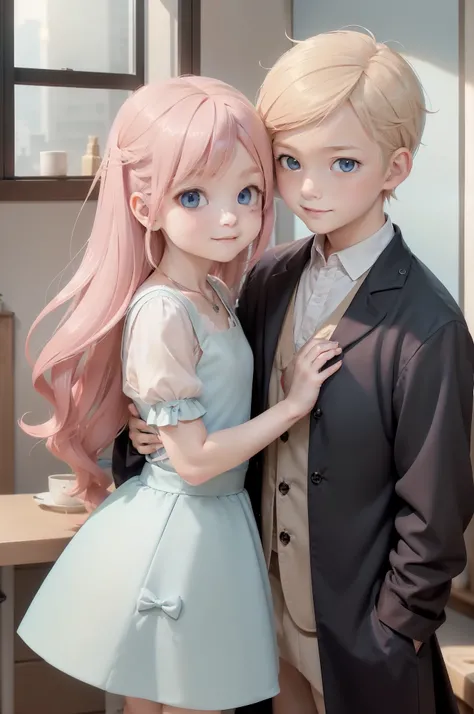 ​masterpiece, top-quality, 2Others, ((Male and female twins)),, Gamine, different color, finely eye and detailed face, intricate detailes, Wizarding World Costumes, Baby clothes, Inside the coffee shop, Playing, A smile, Happiness, tenderness, youthfulness...