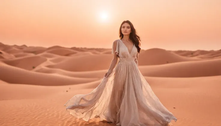 the setting sun，A desert，rays of sunshine，Clouds，Contre-Jour，Beautiful girl in long dress，8K high-definition，RAW format，The light and shadow are delicate，detail-rich，。