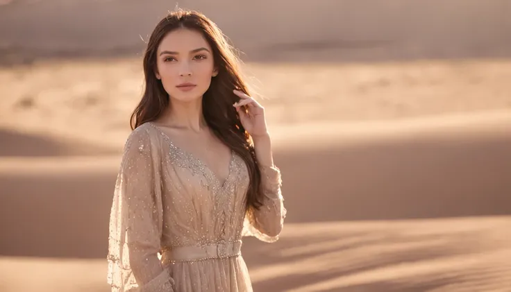 the setting sun，A desert，rays of sunshine，Clouds，Contre-Jour，Beautiful girl in long dress，8K high-definition，RAW format，The light and shadow are delicate，detail-rich，。